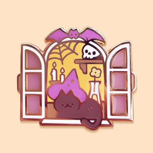 Halloween Kitten at the Witch's Window Pin
